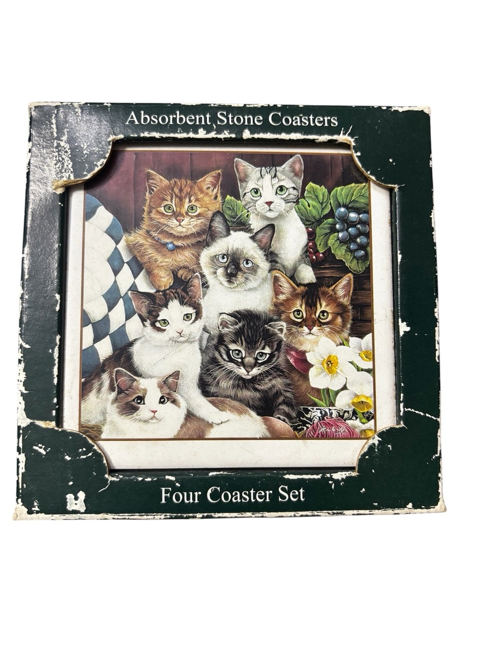 Stone Art Absorbent Stone Coasters set of 4 in Box 7 Cats Design Bisque Tile